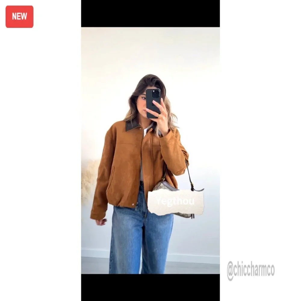 Oversized Faux Suede Bomber Jacket Cropped Lapel Motorcycle Zip Up - Picture 6 of 7